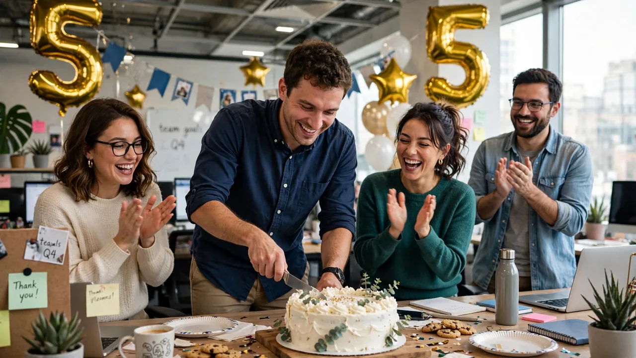 Employee cutting anniversary cake with cheering colleagues