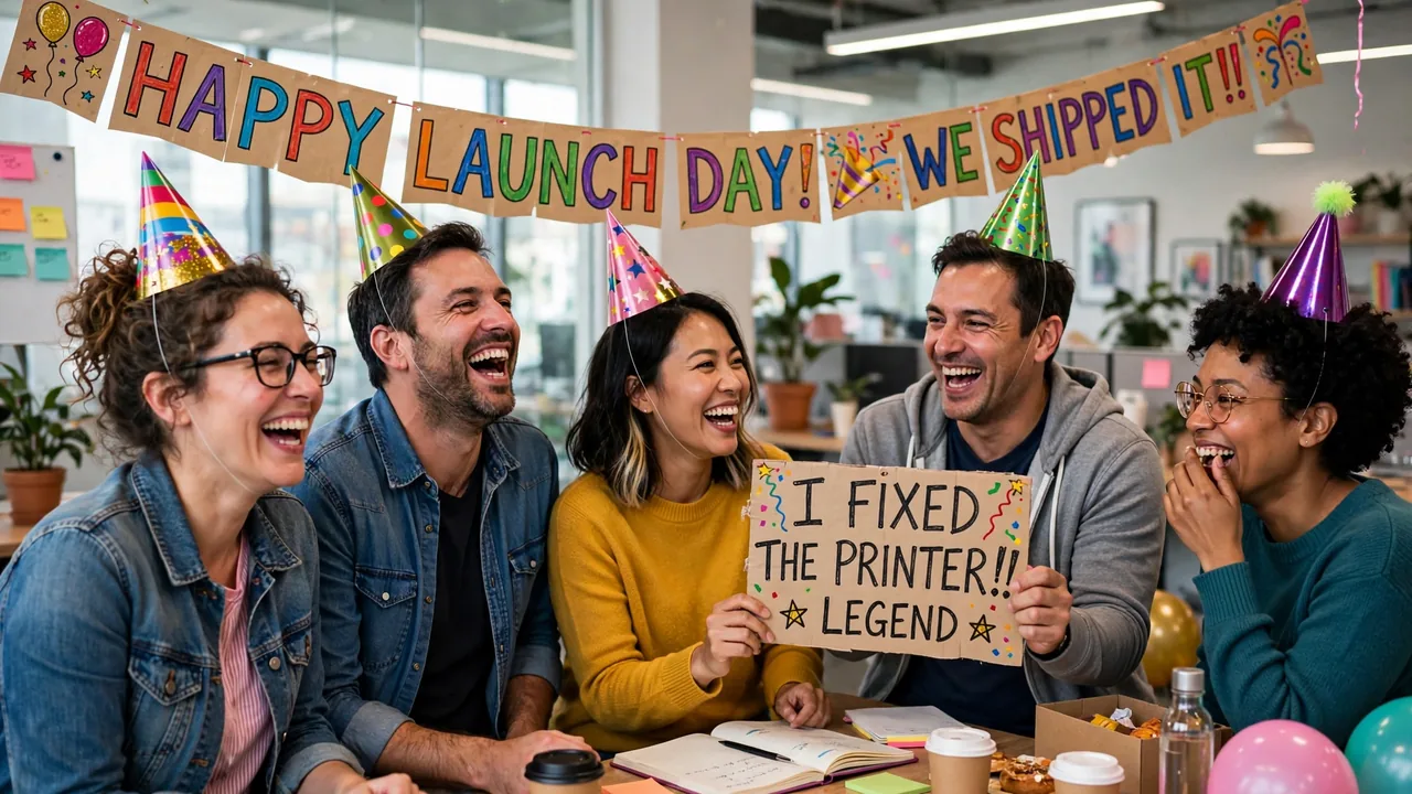 Laughing coworkers celebrating with funny banner