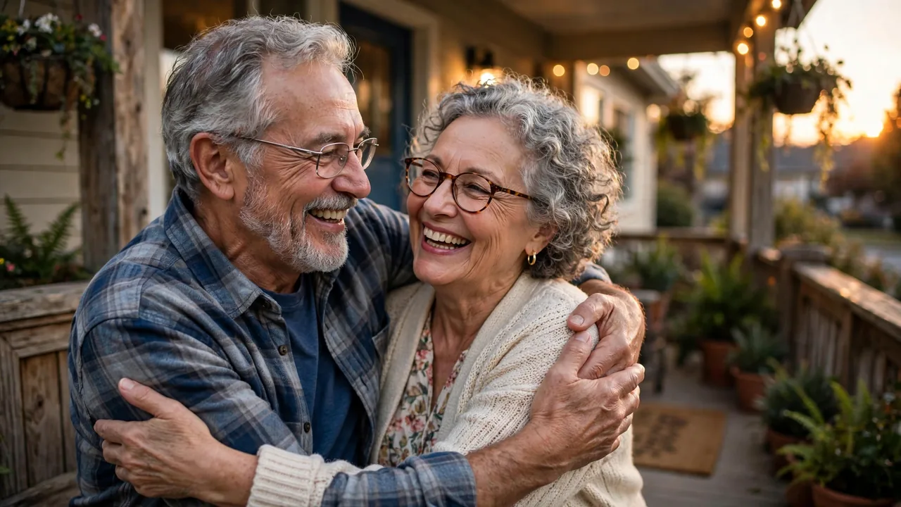 Smiling senior couple embracing on their porch at sunset on their anniversary