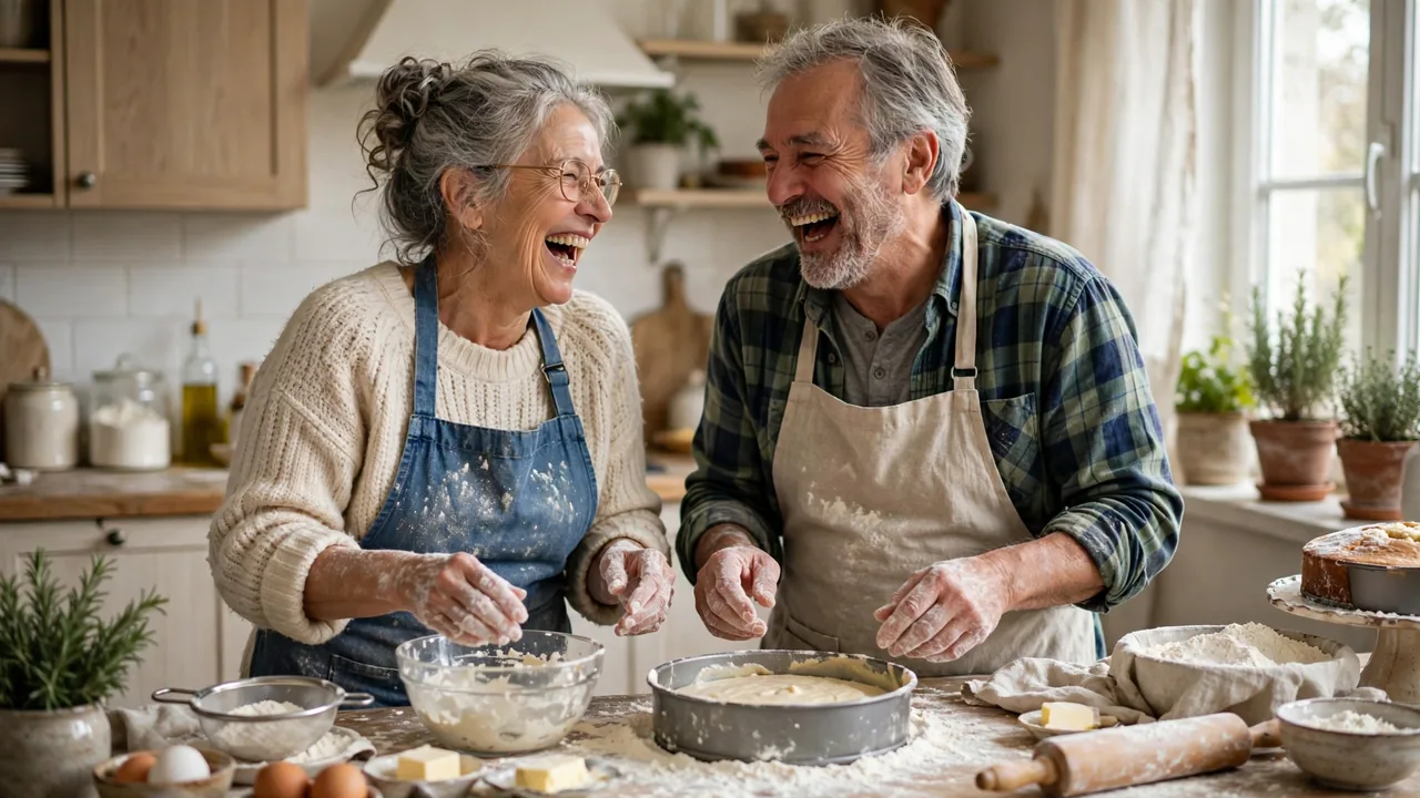 Laughing senior couple baking an anniversary cake together in a bright kitchen