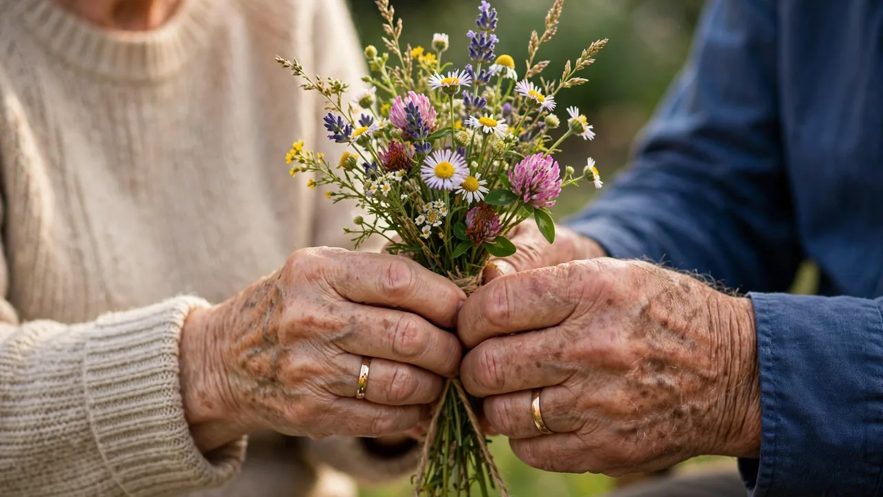 Senior couple's hands with wedding rings holding wildflowers in soft daylight