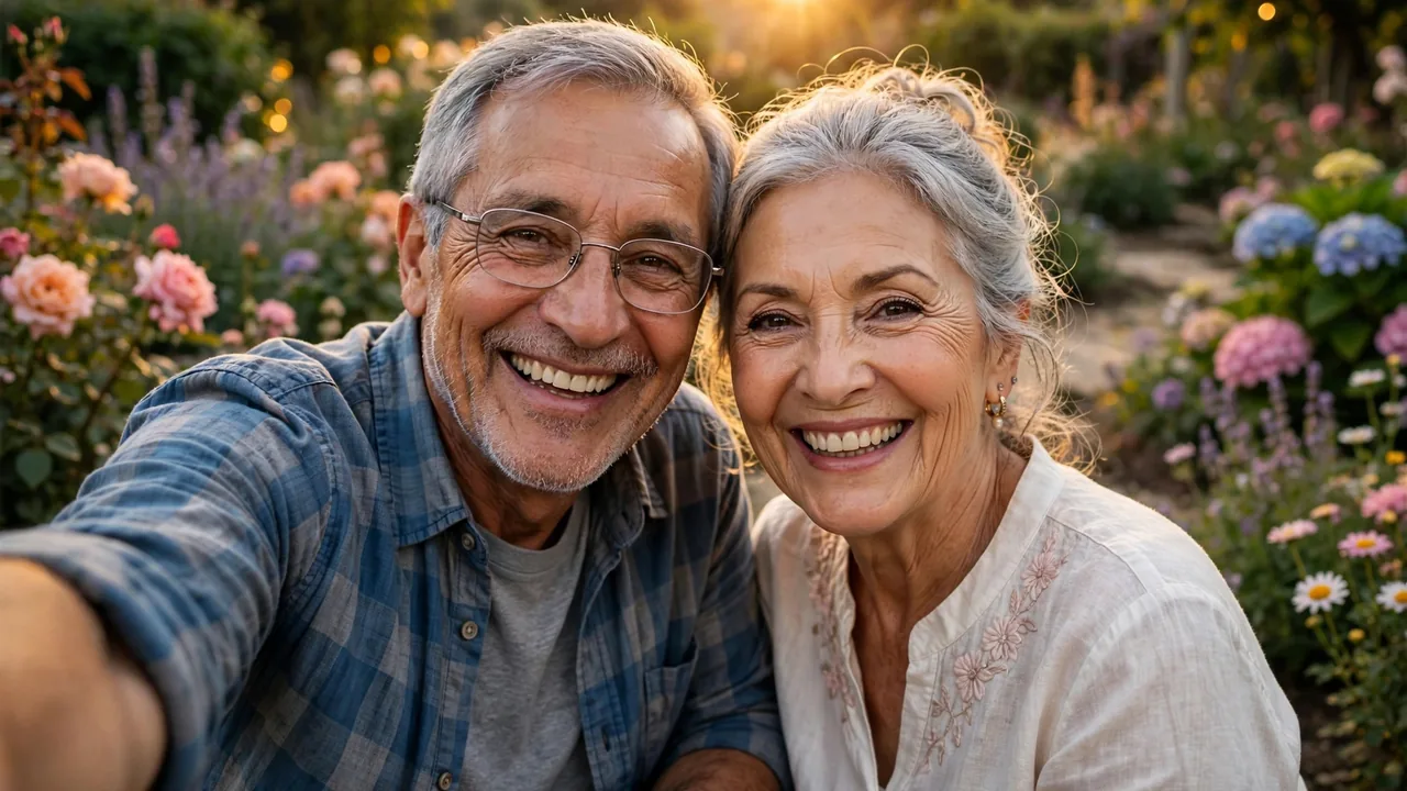 Happy senior couple smiling in a blooming garden at golden hour
