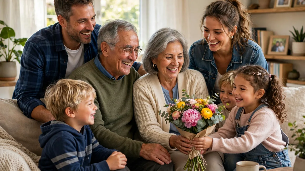Senior couple receiving flowers from happy family in a sunny living room