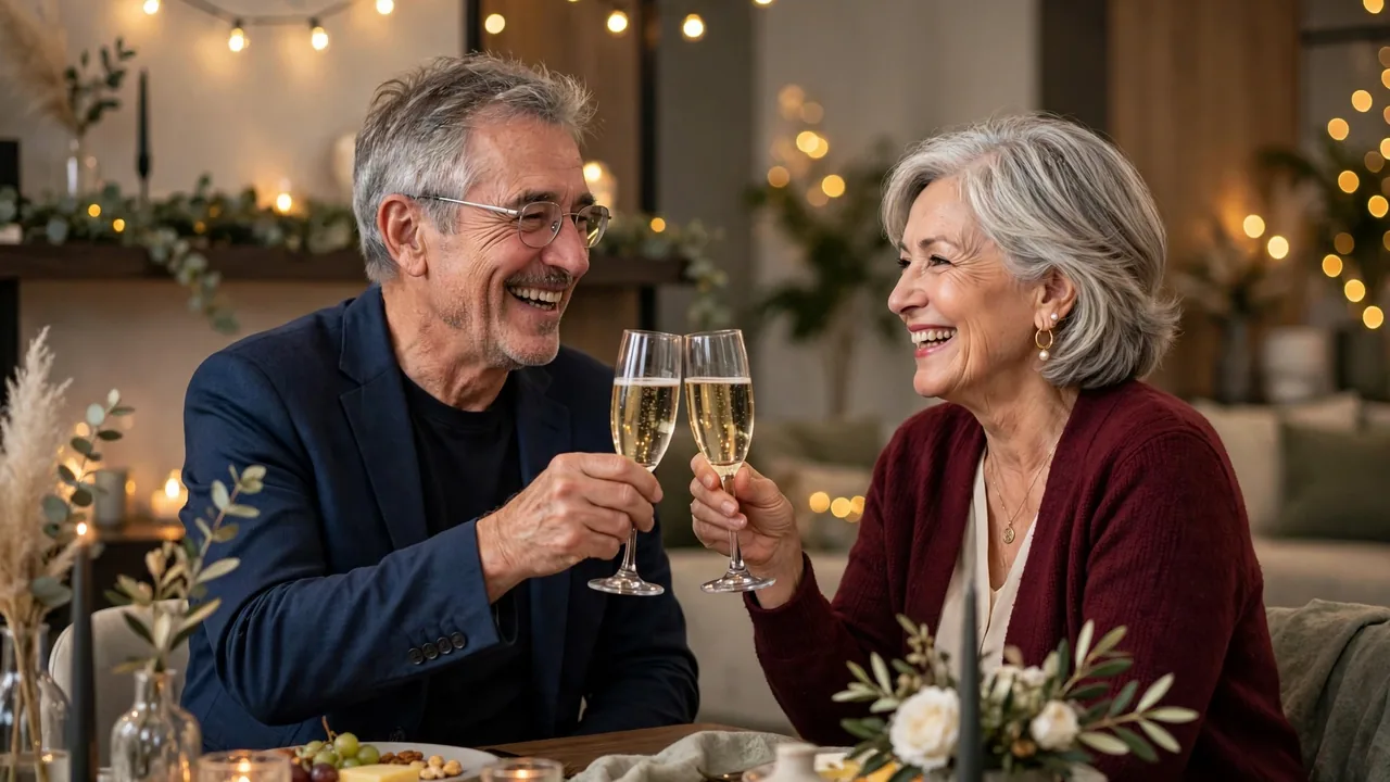 Cheerful senior couple toasting with champagne at a festive anniversary party