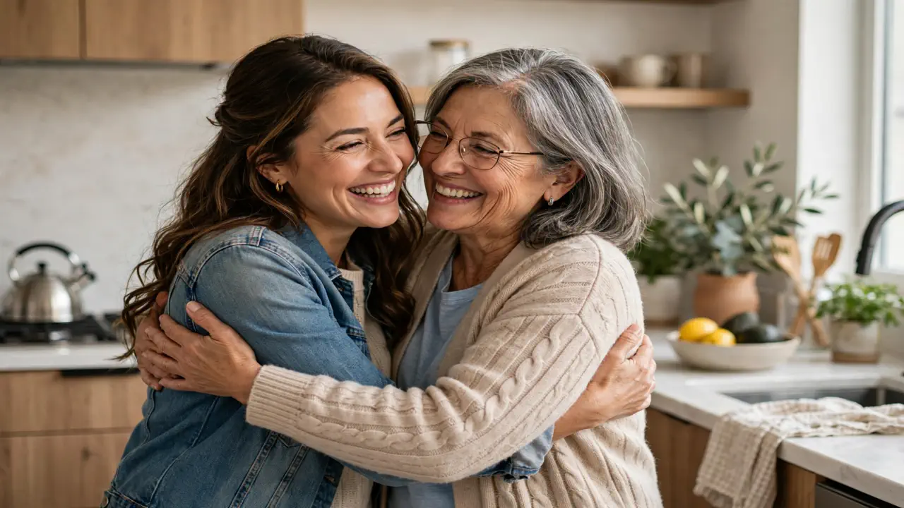 Daughter-in-law warmly hugging her smiling mother-in-law in a bright modern kitchen