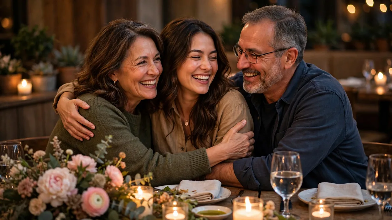 Smiling parents warmly hugging their daughter at a candlelit anniversary dinner