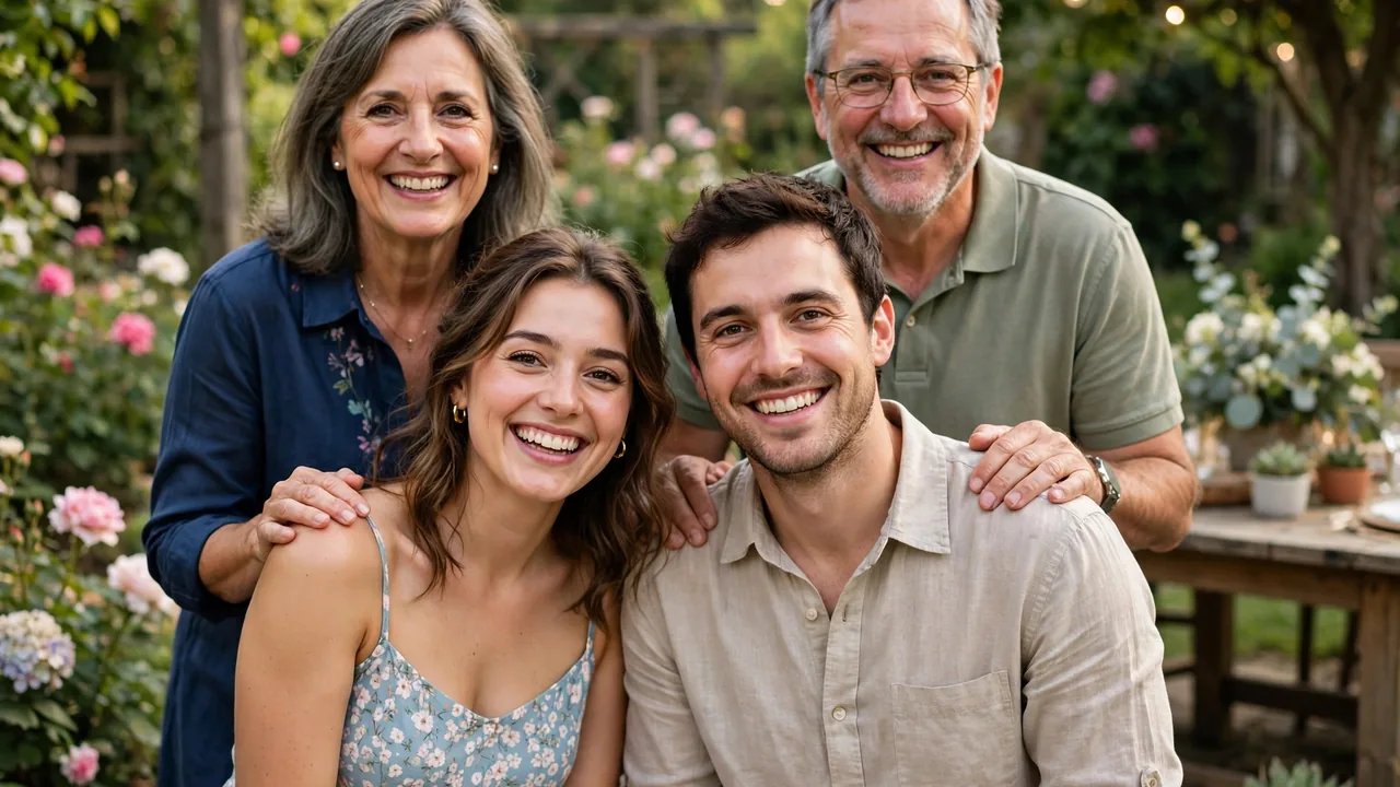 Happy young couple with proud smiling parents at an outdoor anniversary party