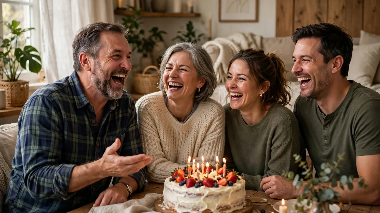 Family laughing together around an anniversary cake in a cozy living room
