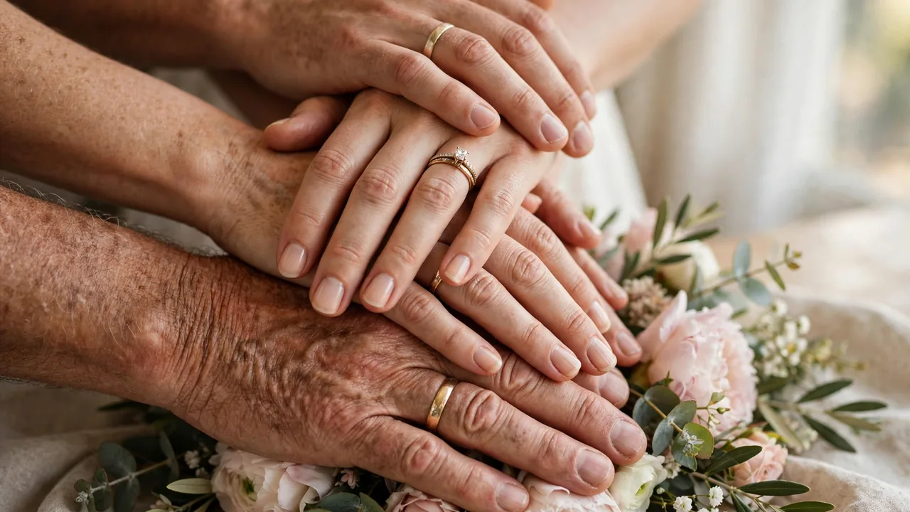 Four hands stacked together over anniversary flowers in warm window light