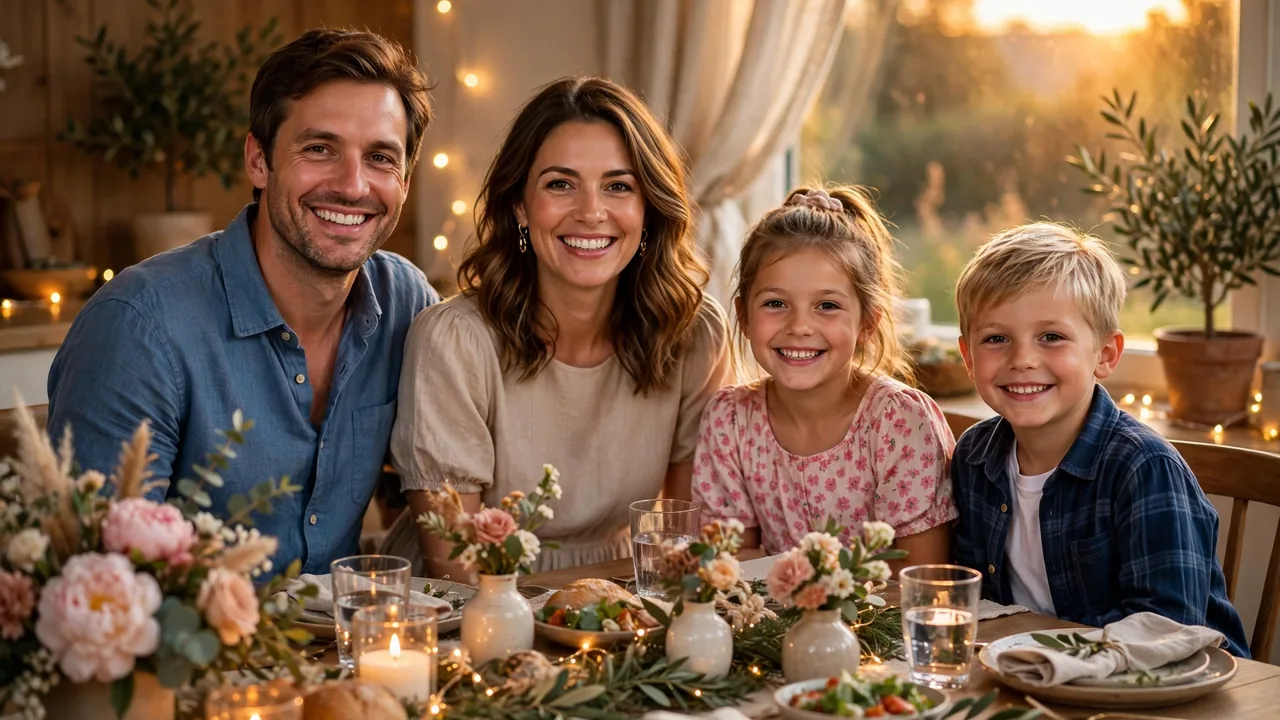 Cheerful family smiling at a decorated anniversary table with fairy lights