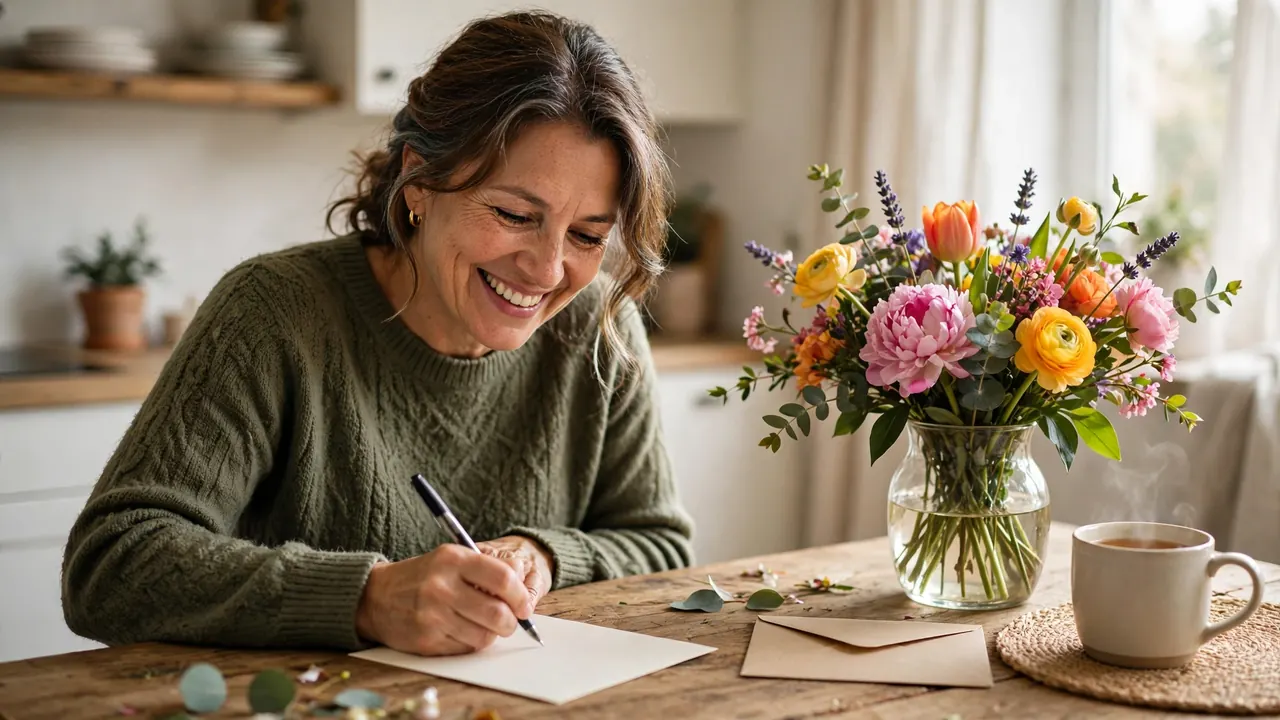 Smiling mother writing an anniversary card at a table with flowers in soft daylight