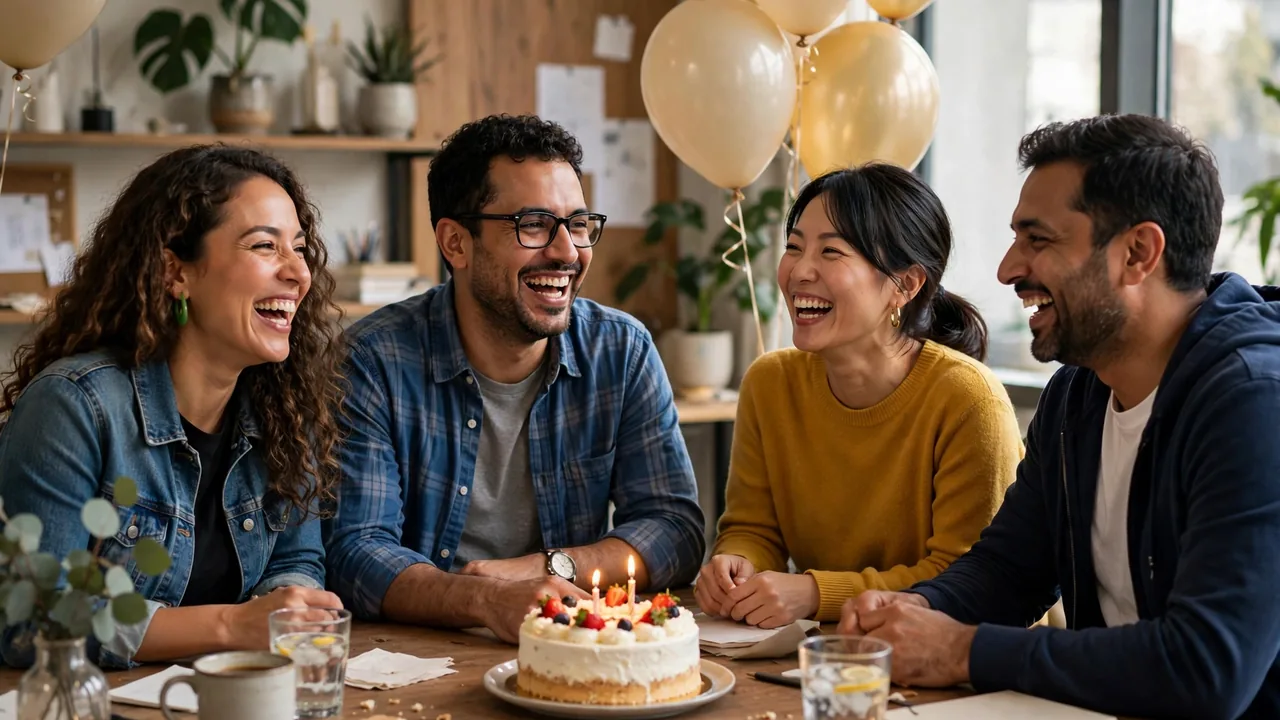 Laughing coworkers celebrating a colleague's work anniversary with cake and balloons