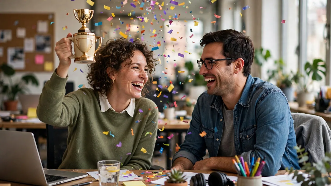 Two coworkers laughing as confetti falls over office desks with a trophy mug