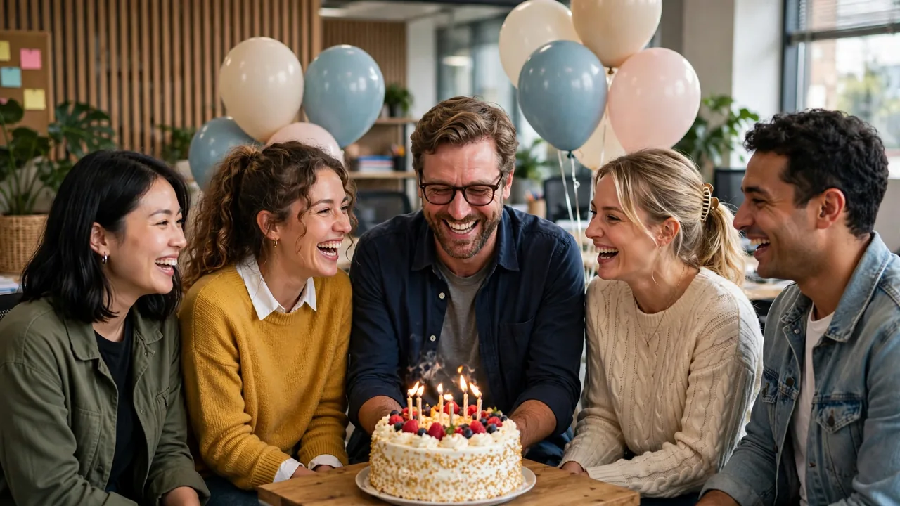Team surprising their smiling boss with a celebration cake in the office