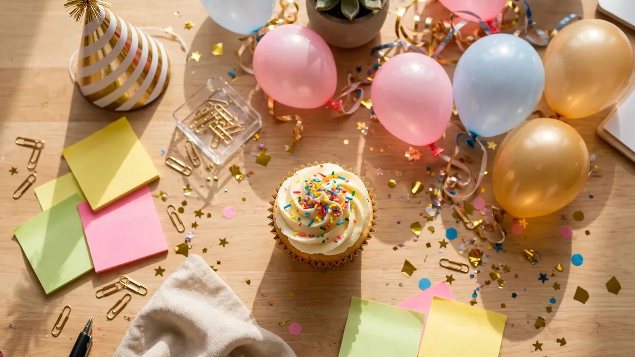 Cheerful desk flat-lay with cupcake, party hat, mini balloons and confetti