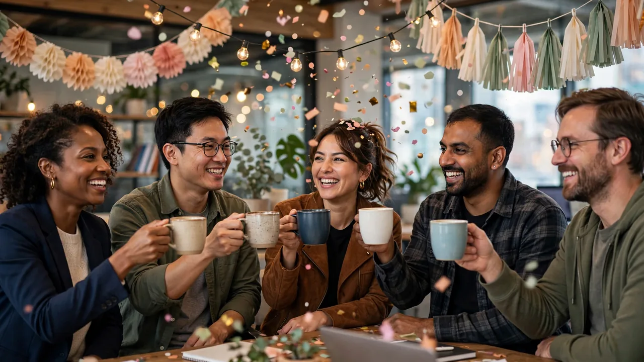 Diverse team toasting with coffee mugs under string lights at office party