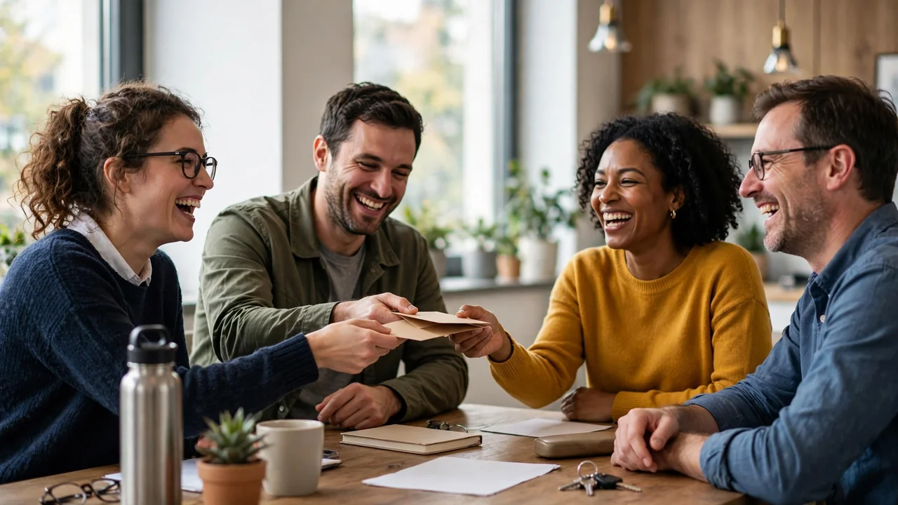 Team laughing as a funny greeting card is passed hand to hand across a meeting table