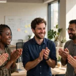 Diverse team applauding a smiling colleague in a bright modern office