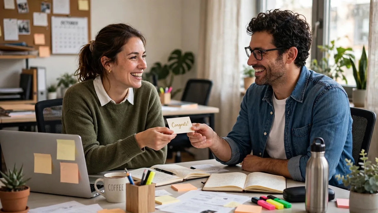 Two coworkers smiling, one handing congratulatory card