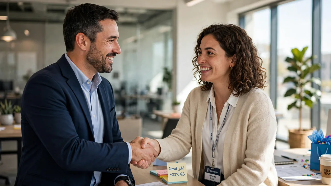 Manager shaking hands with smiling employee