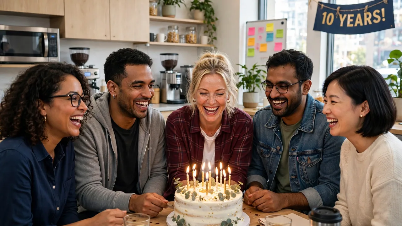 Happy team around anniversary cake with candles