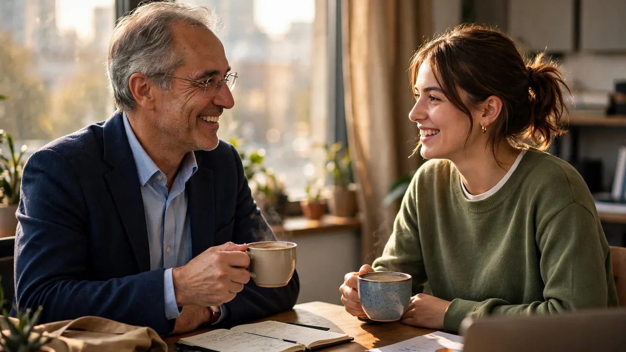 Senior mentor and younger colleague talking over coffee