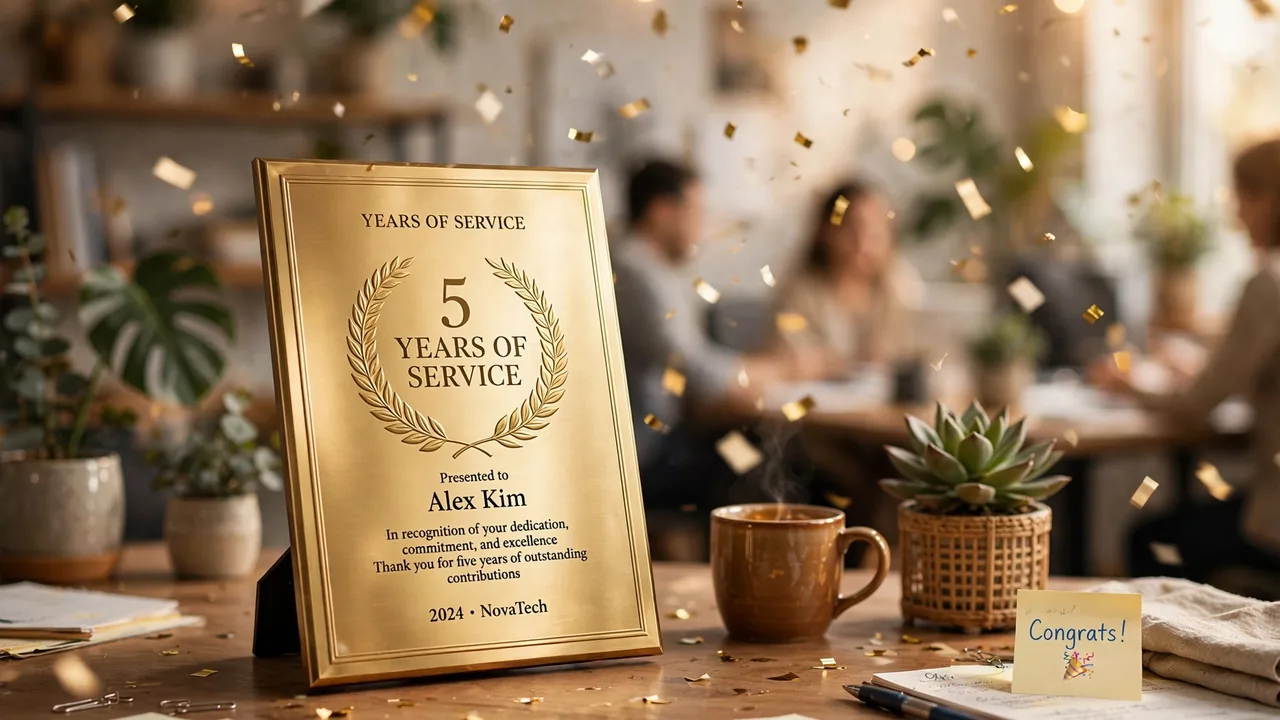 Gold Years of Service plaque on office desk