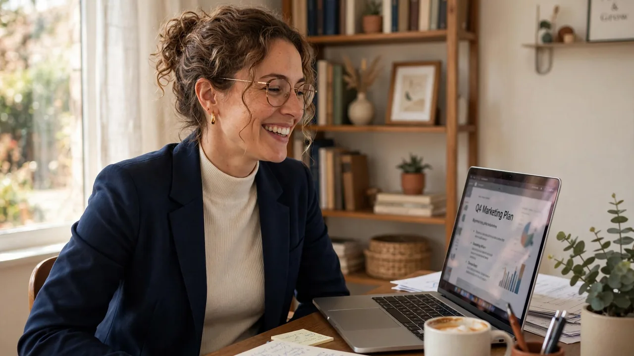 Professional woman smiling at laptop in home office