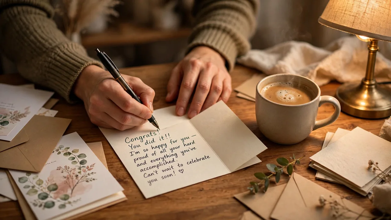 Hands writing handwritten congratulatory note
