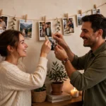 Happy couple celebrating their anniversary at a party, with the man placing a party hat on the smiling woman's head and photos hanging on a line behind them