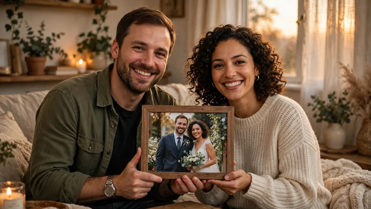Happy couple holding framed wedding photo in golden light