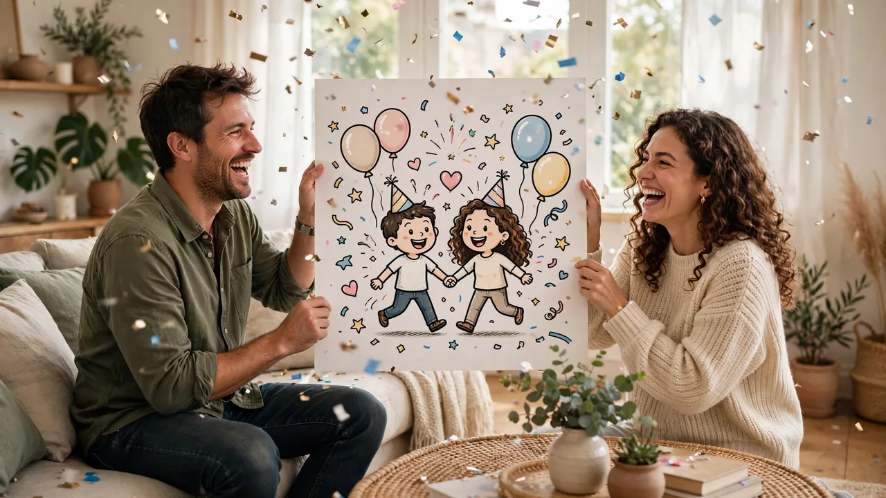 Laughing couple holding funny anniversary printout with confetti