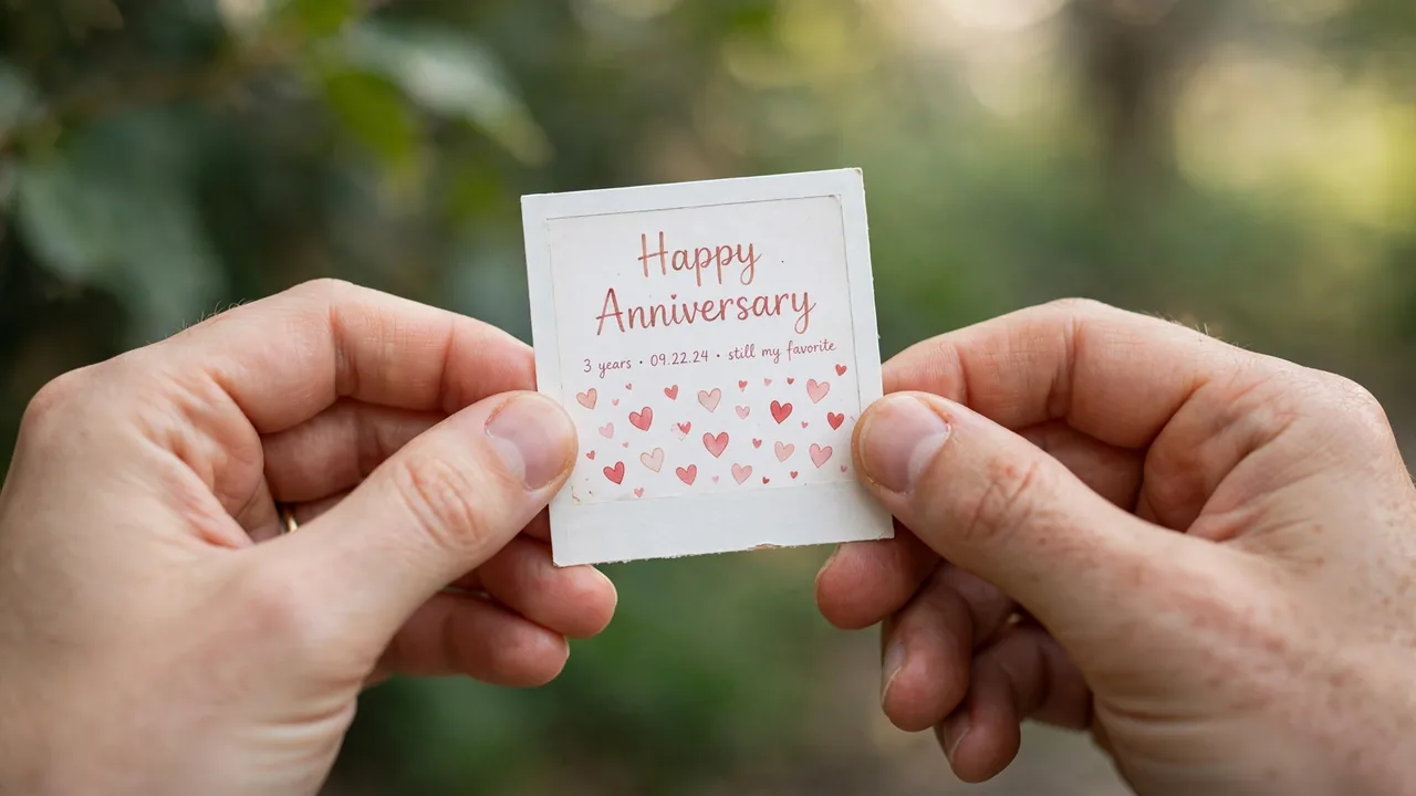 Hands holding polaroid anniversary card with tiny hearts