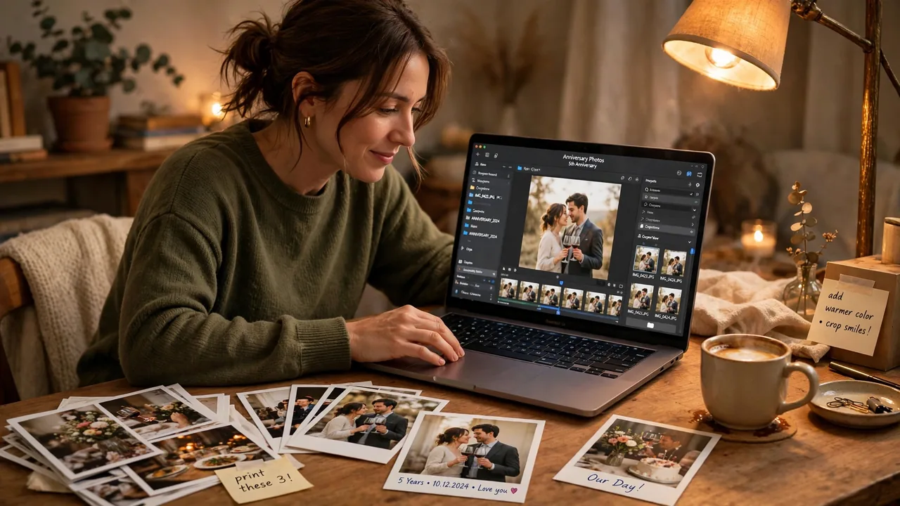 Person editing anniversary photos on laptop at cozy desk