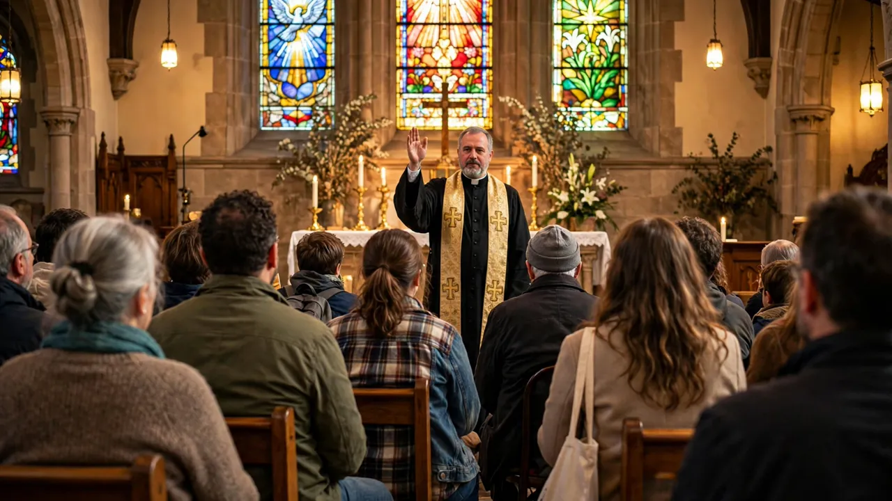 Priest blessing congregation inside church