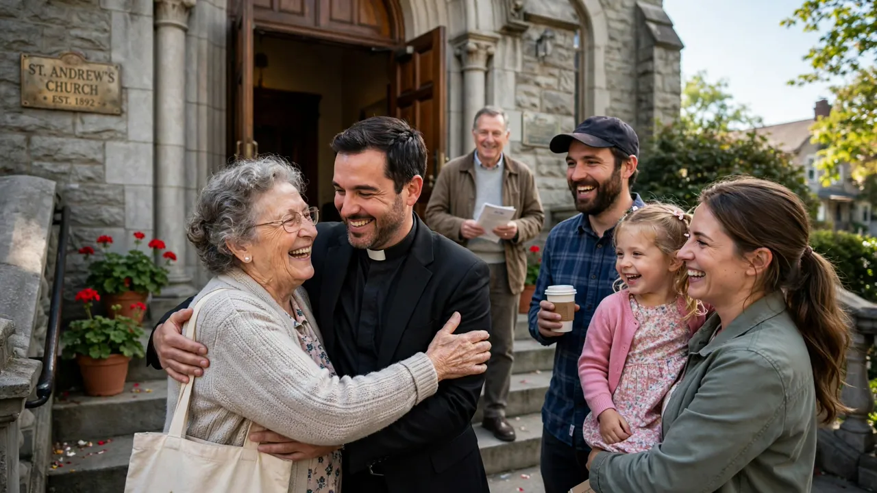 Happy parishioners hugging priest on church steps