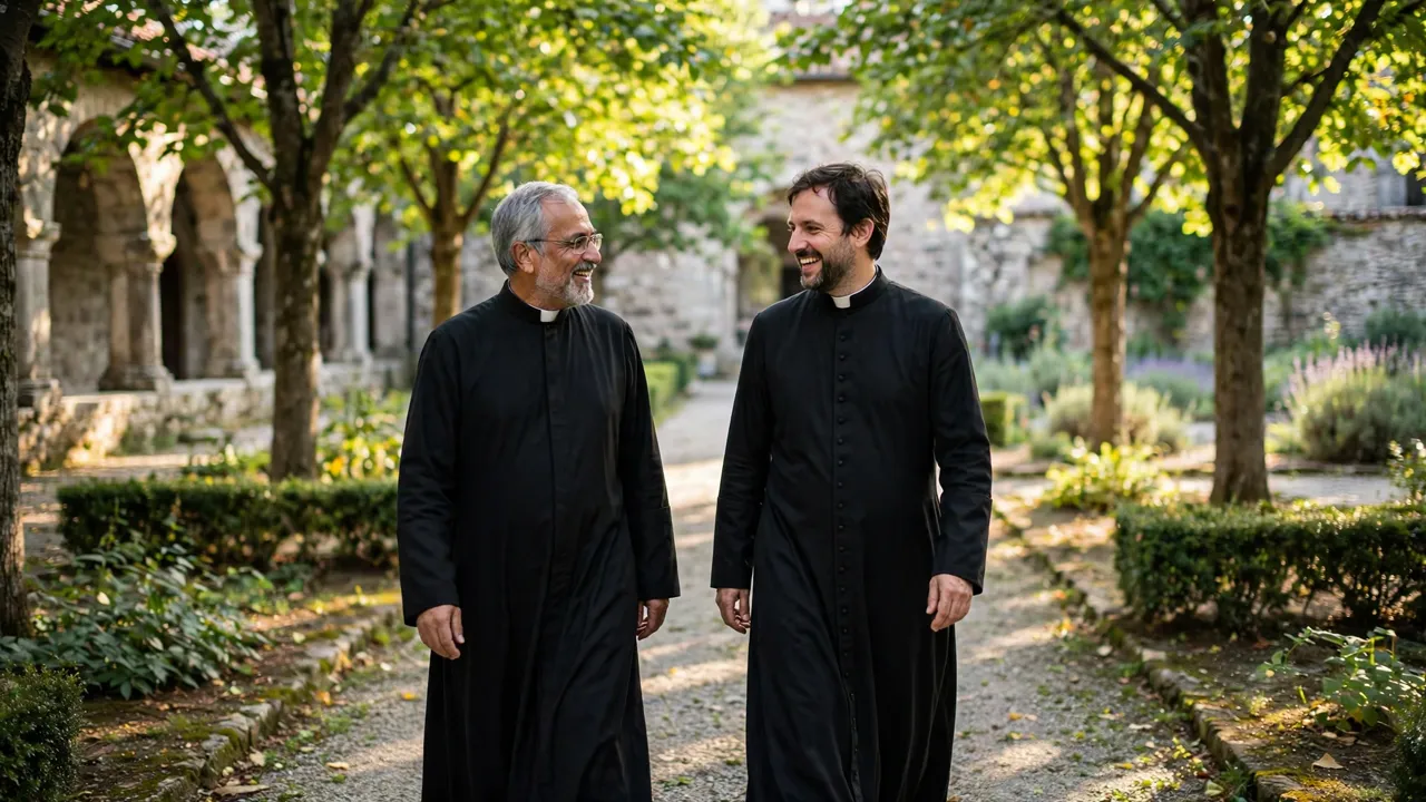 Two priests walking on monastery garden path