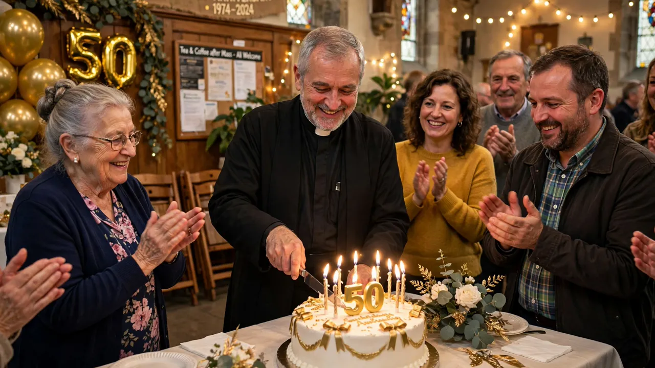 Priest cutting golden jubilee anniversary cake
