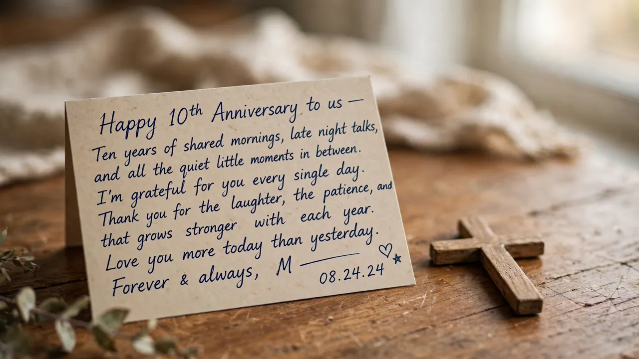 Handwritten anniversary card with wooden cross