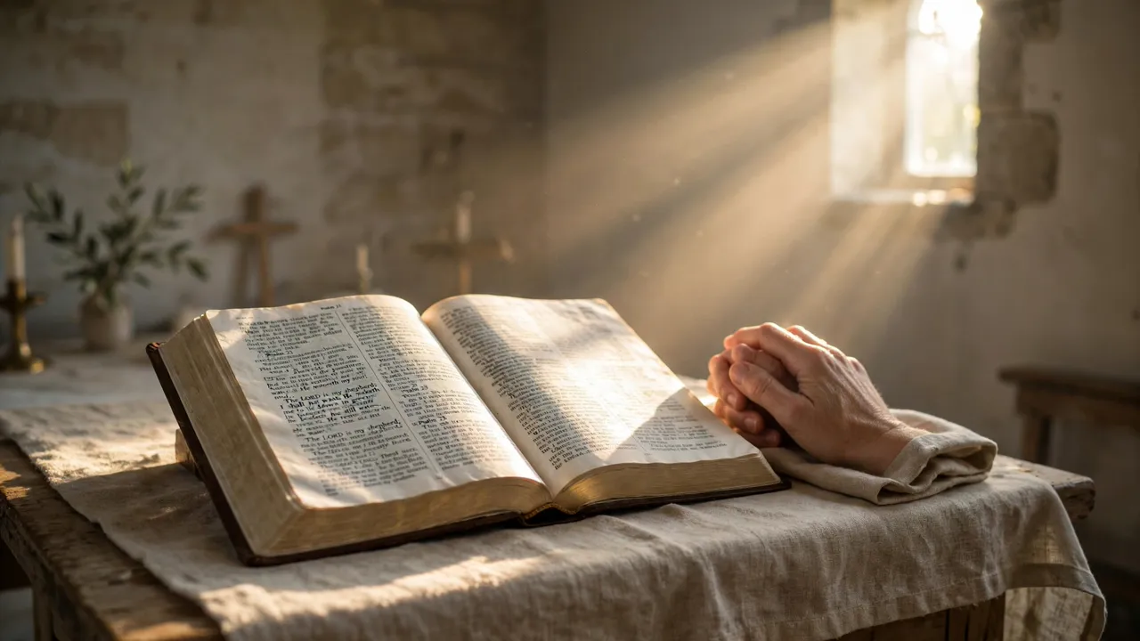 Open Bible in morning light with praying hands