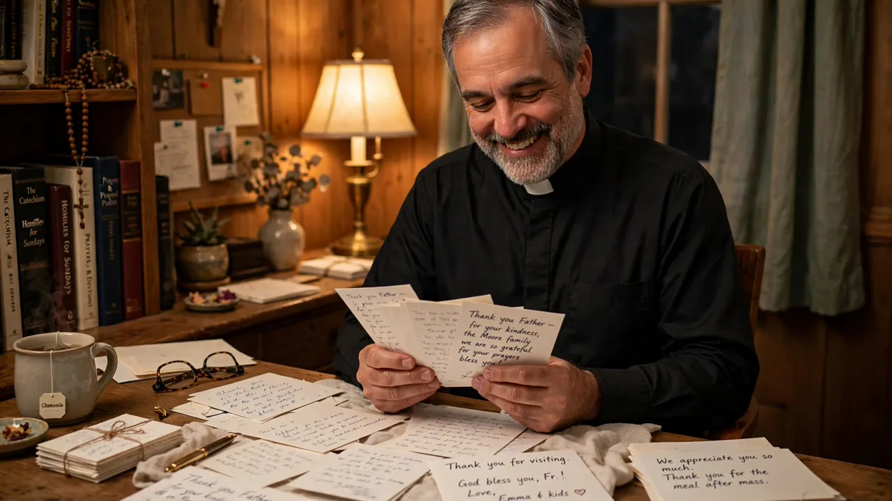 Smiling priest reading thank-you cards