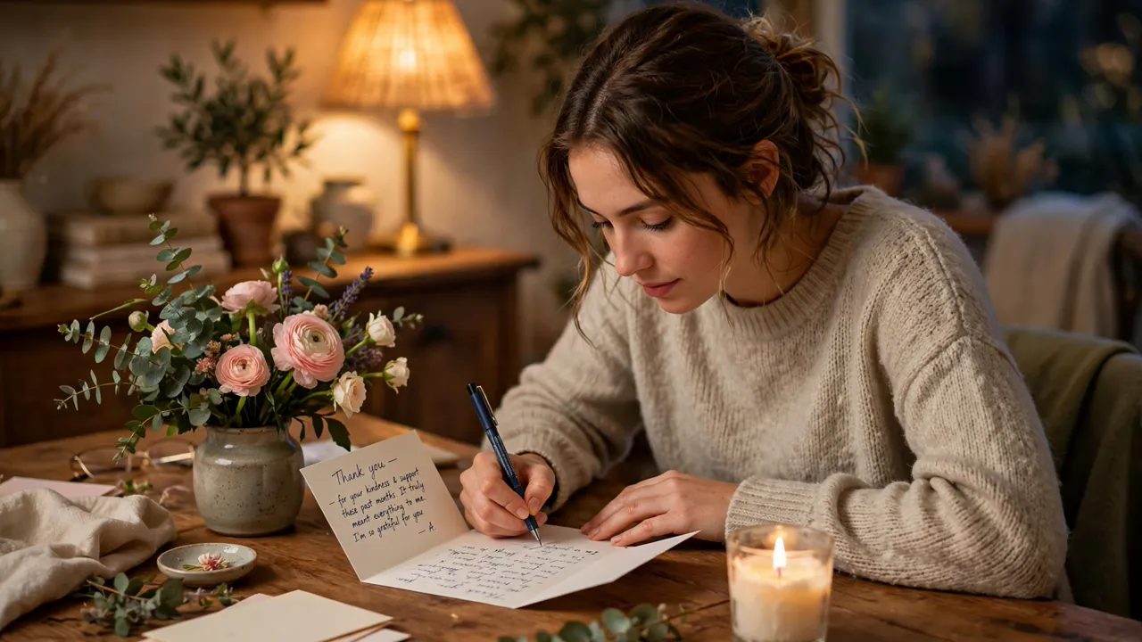 Person writing thank-you card at warm desk with candle
