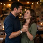 Happy couple slow-dancing at anniversary dinner