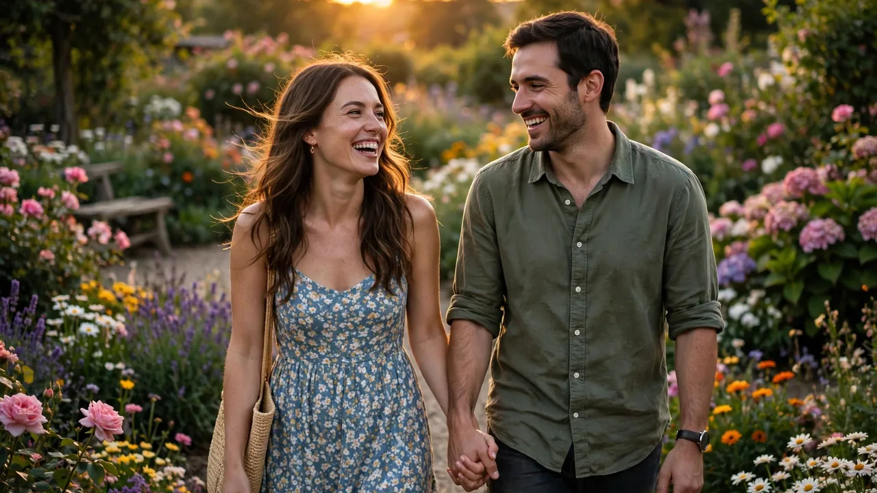 Smiling couple holding hands in a blooming garden at sunset