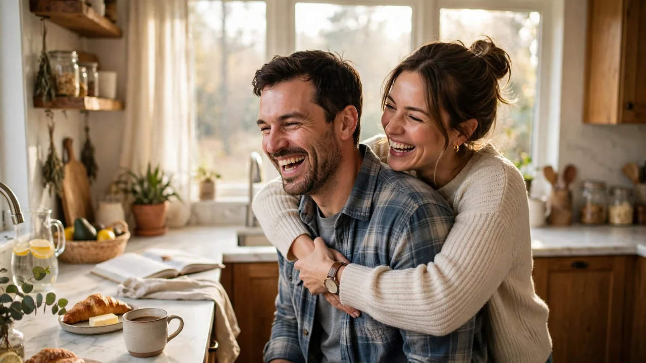 Wife hugging husband from behind in a cozy sunlit kitchen