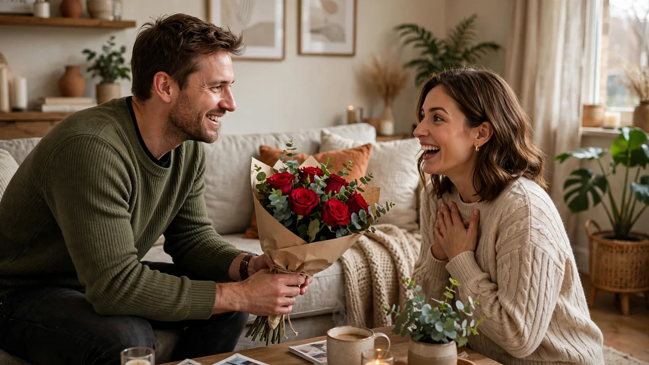 Husband surprising wife with red roses at home