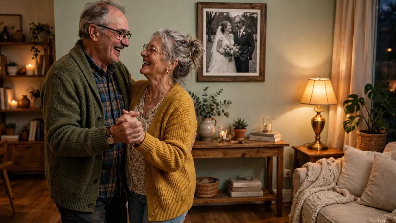 Older couple dancing in their living room