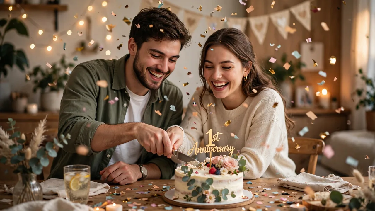 Young couple cutting first-anniversary cake