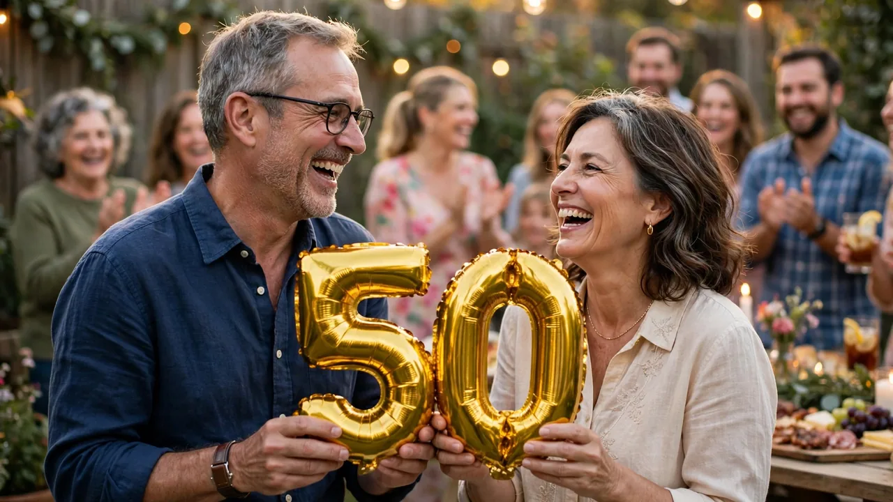 Joyful couple holding golden 50 anniversary sign
