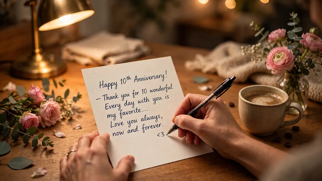 Person writing heartfelt message in anniversary card